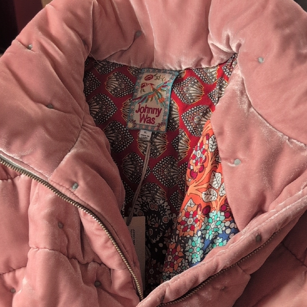 Johnny Was $515 Zaelia Baby Pink Velvet Puffer Coat XL NWT
